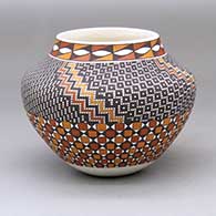 A small polychrome jar decorated with bands of geometric designs above and below a central band of four-panel checkerboard-based designs
 by Frederica Antonio of Acoma