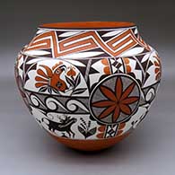 A polychrome jar decorated with a four-panel rosette, parrot, deer-with-heart-line and geometric design
 by Robert Patricio of Acoma