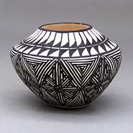 A black-on-white jar decorated with a fine line and geometric design
 by Sandra Victorino of Acoma