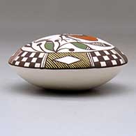 A polychrome seed pot decorated above the shoulder with a parrot, plant, checkerboard, fineline and geometric design, click or tap to see a larger version