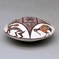 A polychrome seed pot decorated above the shoulder with a bird, rabbit, lizard and fineline geometric design, click or tap to see a larger version