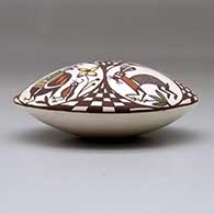 A polychrome seed pot decorated above the shoulder with a bird, rabbit, turtle, lizard and geometric design, click or tap to see a larger version