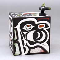 A polychrome box decorated with images of Northwest Coast birds, plus a hummingbird lid, click or tap to see a larger version