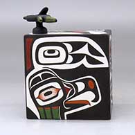 A polychrome box decorated with images of Northwest Coast birds, plus a hummingbird lid, click or tap to see a larger version