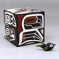 A polychrome box decorated with images of Northwest Coast birds, plus a hummingbird lid, click or tap to see a larger version