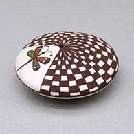 A miniature polychrome seed pot decorated with a dragonfly and checkerboard geometric design above the shoulder, click or tap to see a larger version