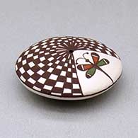 A miniature polychrome seed pot decorated with a dragonfly and checkerboard geometric design above the shoulder, click or tap to see a larger version