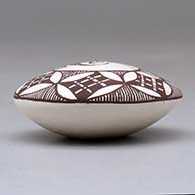 A miniature polychrome seed pot decorated with a lizard, fineline and geometric design above the shoulder, click or tap to see a larger version