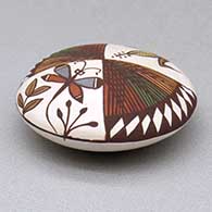 A miniature polychrome seed pot decorated with a dragonfly, ear-of-corn, fineline and geometric design above the shoulder, click or tap to see a larger version