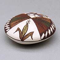 A miniature polychrome seed pot decorated with a dragonfly, ear-of-corn, fineline and geometric design above the shoulder, click or tap to see a larger version