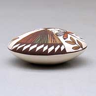 A miniature polychrome seed pot decorated with a dragonfly, ear-of-corn, fineline and geometric design above the shoulder, click or tap to see a larger version