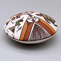 A polychrome seed pot decorated above the shoulder with a pueblo dancer, turtle, fineline and geometric design, click or tap to see a larger version