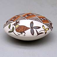 A polychrome seed pot decorated with a parrot, bird, branch, fineline and geometric design above the shoulder, click or tap to see a larger version