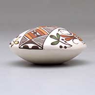 A polychrome seed pot decorated with a parrot, bird, branch, fineline and geometric design above the shoulder, click or tap to see a larger version