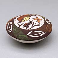 A polychrome seed pot decorated with a quail, fineline, plant and geometric design above the shoulder, click or tap to see a larger version