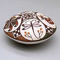 A polychrome seed pot decorated above the shoulder with a bird, lizard, turtle, dragonfly and geometric design, click or tap to see a larger version