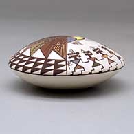 A polychrome seed pot decorated above the shoulder with a pueblo dancer, cloud formation, fineline and geometric design, click or tap to see a larger version
