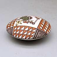 A polychrome seed pot decorated above the shoulder with a cloudeater, fish, flower and geometric design, click or tap to see a larger version