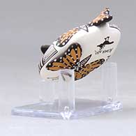 A miniature polychrome seed pot decorated with butterfly wing appliques and a butterfly, fineline and geometric design, click or tap to see a larger version