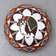 A polychrome seed pot decorated with a cloudeater, fish, fineline and geometric design
 by Diane Lewis of Acoma