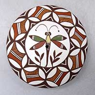 Click for a larger view A polychrome seed pot decorated with a dragonfly, plant, fineline and geometric design
by Diane Lewis of Acoma