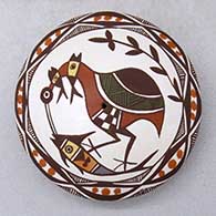 A miniature polychrome seed pot decorated with a cloudeater, fish and geometric design
 by Diane Lewis of Acoma