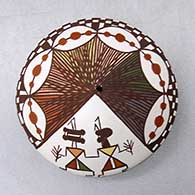 A miniature polychrome seed pot decorated with a pueblo dancer, fineline and geometric design
 by Diane Lewis of Acoma