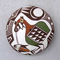 A miniature polychrome seed pot decorated with a cloudeater, fish, fineline and geometric design
 by Diane Lewis of Acoma