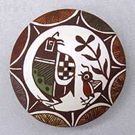 A miniature polychrome seed pot decorated with a quail, plant, fineline and geometric design
 by Diane Lewis of Acoma
