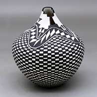 A black on white tear drop jar with a kiva step cut opening and decorated with a checkerboard and geometric design
 by Sandra Victorino of Acoma