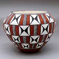 A polychrome jar decorated with a stylized checkerboard and geometric design
 by Sandra Victorino of Acoma