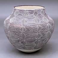 Click for a larger view A black on white jar decorated with a snowflake and spiral fineline and geometric design
by Franklin Peters of Acoma