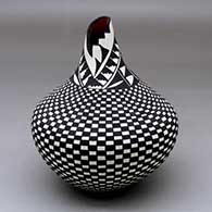 A black on white jar decorated with a kiva step cut opening and decorated with a checkerboard and geometric design
 by Sandra Victorino of Acoma