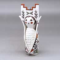 A polychrome Corn Maiden figure with a tablito and decorated with a lizard, kokopelli, lady bug, bear paw and geometric design
 by Judy Lewis of Acoma