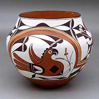 A polychrome jar decorated with a four panel parrot, rainbow and geometric design
 by Franklin Peters of Acoma