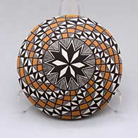 A polychrome seed pot decorated above the shoulder with a fineline, checkerboard and geometric design
 by Sharon Lewis of Acoma