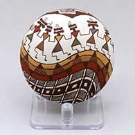 Click for a larger view A polychrome seed pot decorated with a rainbow, pueblo dancer and geometric design
 by Diane Lewis of Acoma