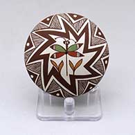 Click for a larger view A polychrome seed pot decorated with a dragonfly, fineline, lightning bolt and geometric design
 by Diane Lewis of Acoma