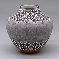 A small polychrome jar decorated around the body with a fineline snowflake and geometric design
 by Rebecca Lucario of Acoma