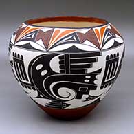 A polychrome jar decorated with a four panel Thunder Birds with Swirling Clouds and geometric design
 by Lilly M Salvador of Acoma