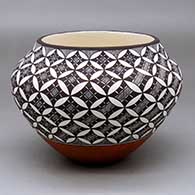 A polychrome jar decorated around the body with a yucca leaf snowflake, fineline and geometric design
 by Amanda Lucario of Acoma