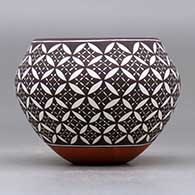 A polychrome jar decorated around the body with a yucca leaf snowflake and geometric design, click or tap to see a larger version