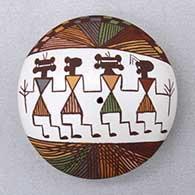 A polychrome seed pot decorated on top with a line of Mimbres dancers, fineline and geometric design
 by Diane Lewis of Acoma
