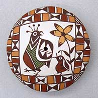 A polychrome seed pot decorated on top with a quail, flower and geometric design
 by Diane Lewis of Acoma