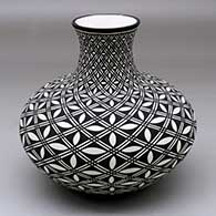 A black on white jar with a short neck and decorated with a pumpkin seed and geometric design
 by Paula Estevan of Acoma