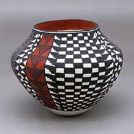 A polychrome jar decorated with a four panel fineline, checkerboard, kiva step and geometric design
 by Sandra Victorino of Acoma