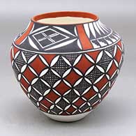 Click for a larger view A polychrome jar decorated with a fineline, pumpkin seed snowflake, kiva step and geometric design
 by Sandra Victorino of Acoma