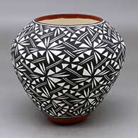 Click for a larger view A polychrome jar decorated around the body with a black on white geometric design
 by Sandra Victorino of Acoma