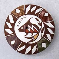 Click for a larger view A polychrome seed pot decorated with fish, plant, fineline and geometric design
 by Diane Lewis of Acoma