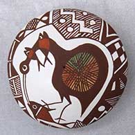 Click for a larger view A polychrome seed pot decorated with a cloudeater, fish, fineline and geometric design
 by Diane Lewis of Acoma